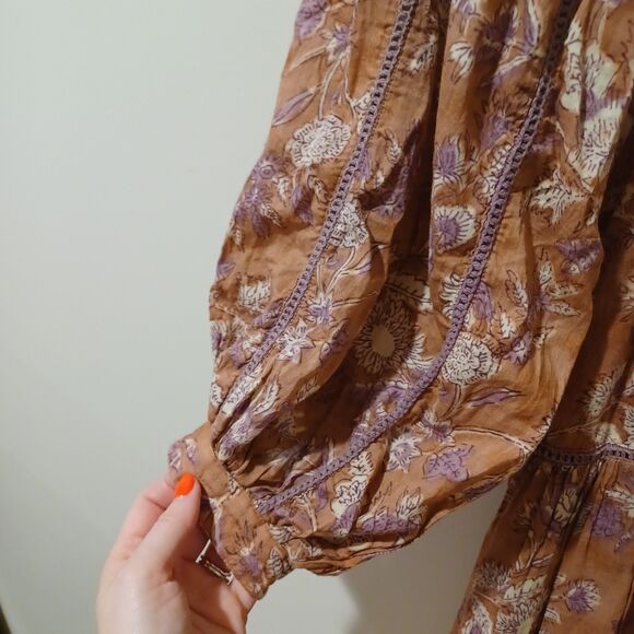 Marea By Liz Joy Brown Floral Cotton Long Sleeve Mini Dress Size XS/S Boho Fall - Picture 4 of 8